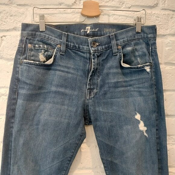 7 For All Mankind Jeans Mens 33x28 Paxtyn Blue Distressed Raw Hem Made in USA - Picture 2 of 12